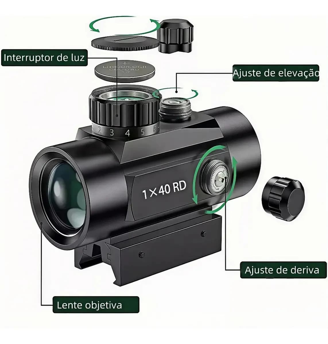 Mira Holográfica cruz com ponto luminoso vermelho e verde 1x40 Belifou 11mm E 22mm — imagem 4