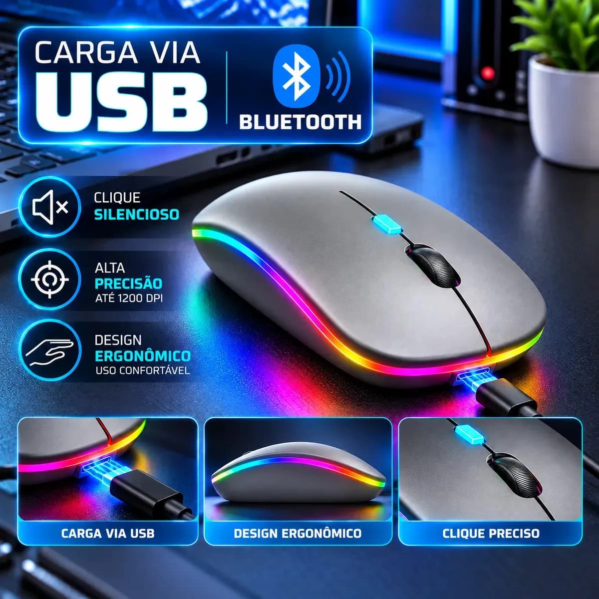 Mouse Sem Fio Recarregável Wireless Optico Led Rgb Ergonômico Sem Fio Para Pc Desktop Notebook Tablet Smartphone Cinza — imagem 6
