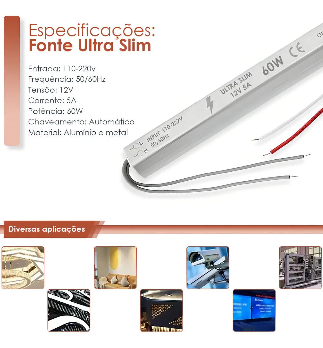 Fonte Slim 12V 60W 5A Lustres Online Para Fita LED e CFTV IP40 — imagem 5