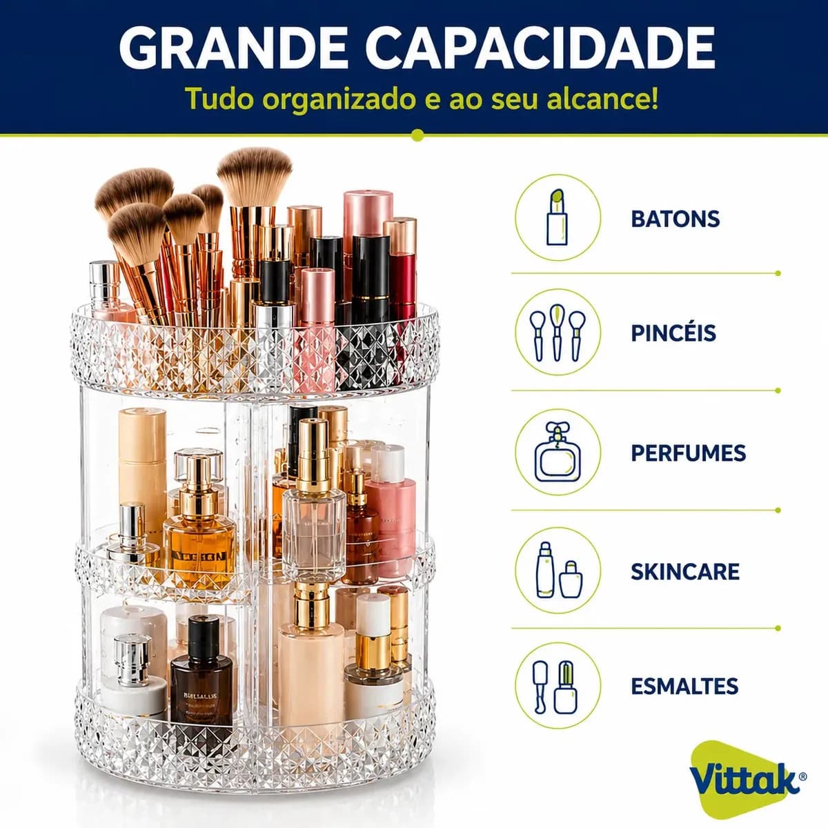 Vittak Organizador Maquiagem Cosméticos Batom Acrílico Giratório 360º Ajustável — imagem 2