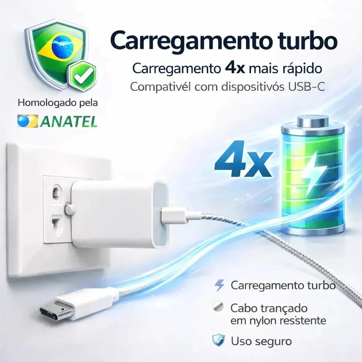 Carregador Turbo 55w USB-C Com Cabo Tipo C 1 Metro Fonte Bivolt 110v/220v, Carregamento Rápido Fast Charge, Ideal Para Celular Android, Compatível Com iPhone Sa — imagem 3