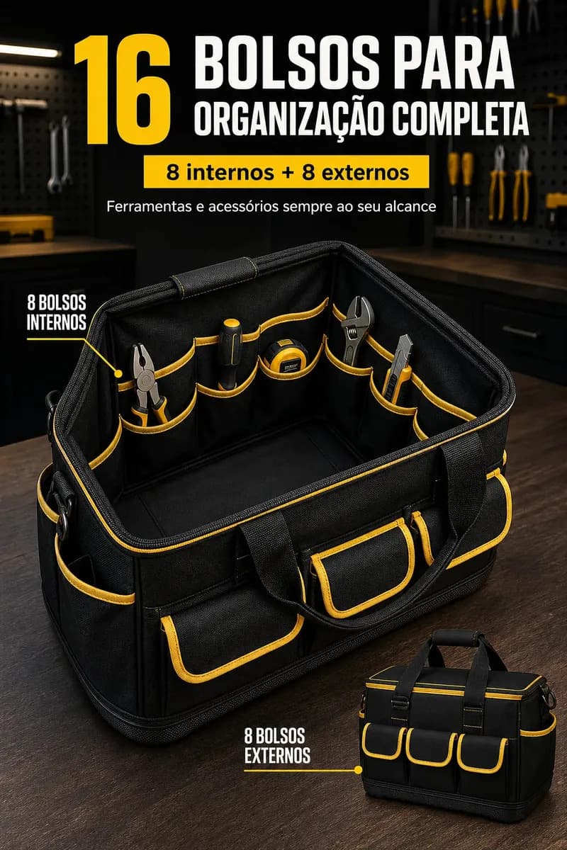 Bolsa Maleta de Ferramentas 14 Pol Grande e Reforçada 16 Bolsos, 8 Internos e 8 Externos, Base Rígida e Alça Removível para Eletricista e Profissionais Preto e  — imagem 2