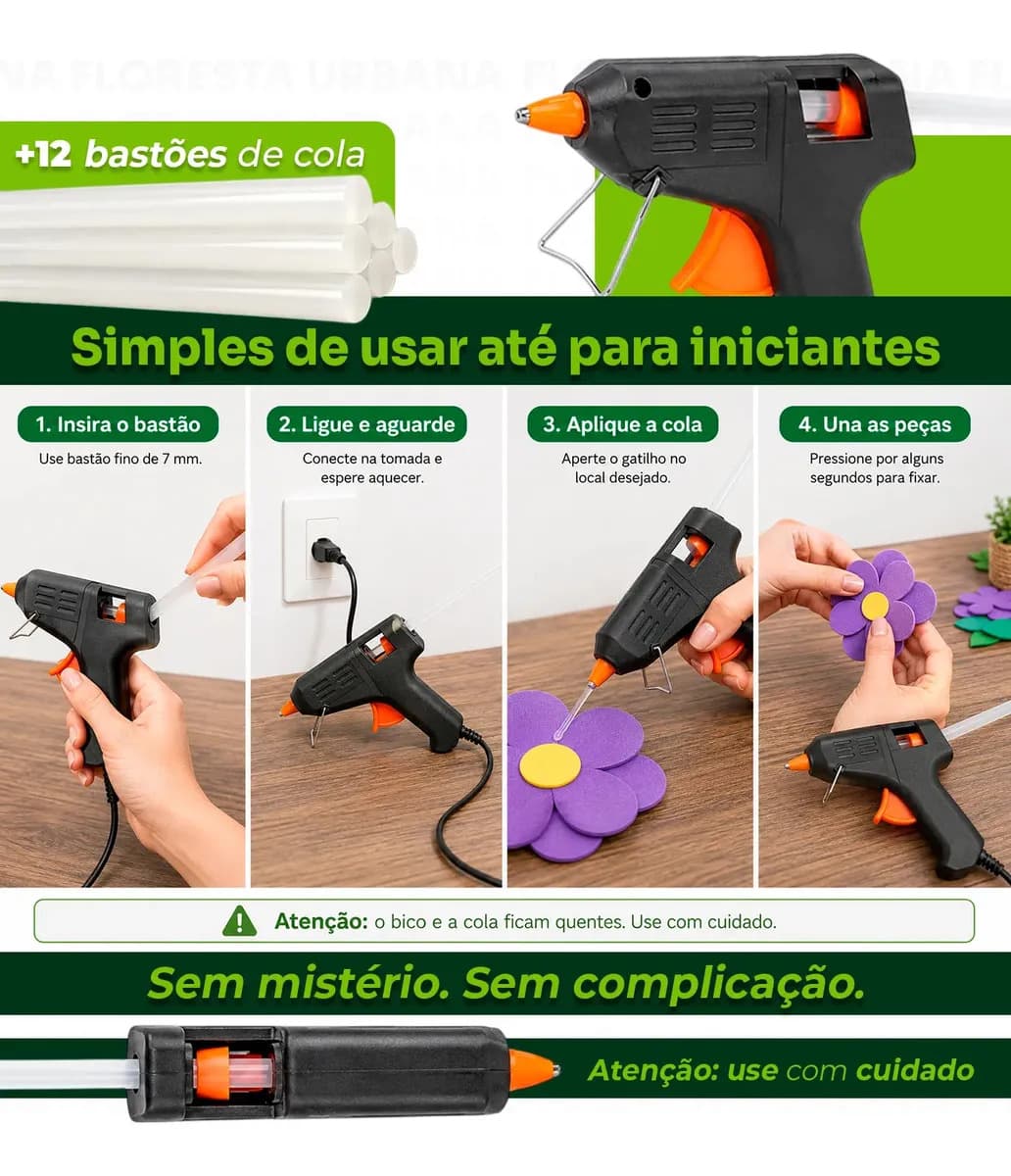 Kit Revolver Pistola de Cola quente + 12 Bastões de Cola Bico Fino Fácil Aplicação 20w Decoração Festa Artesanato - Floresta Urbana — imagem 4