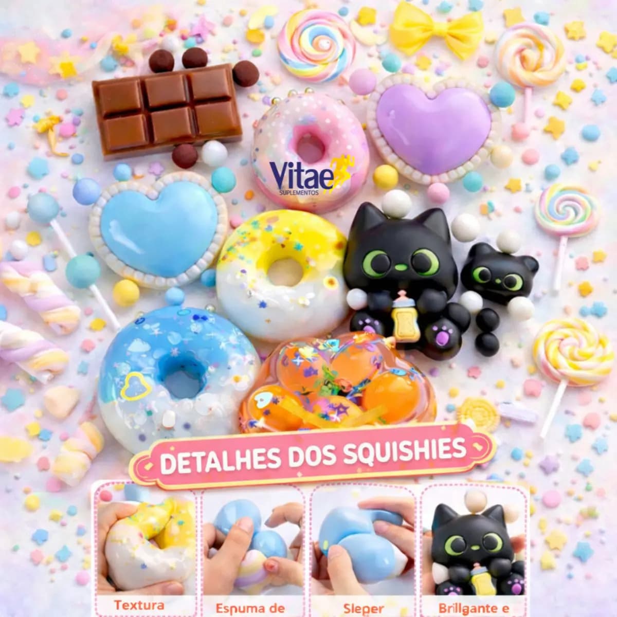 Kit 3 Taba Squishy Alívio Estresse Apertar Anti-stress Kawaii Tiktok De Apertar Gatinho, Chocolate, Donuts, Coração Sortidos Vitae S — imagem 2