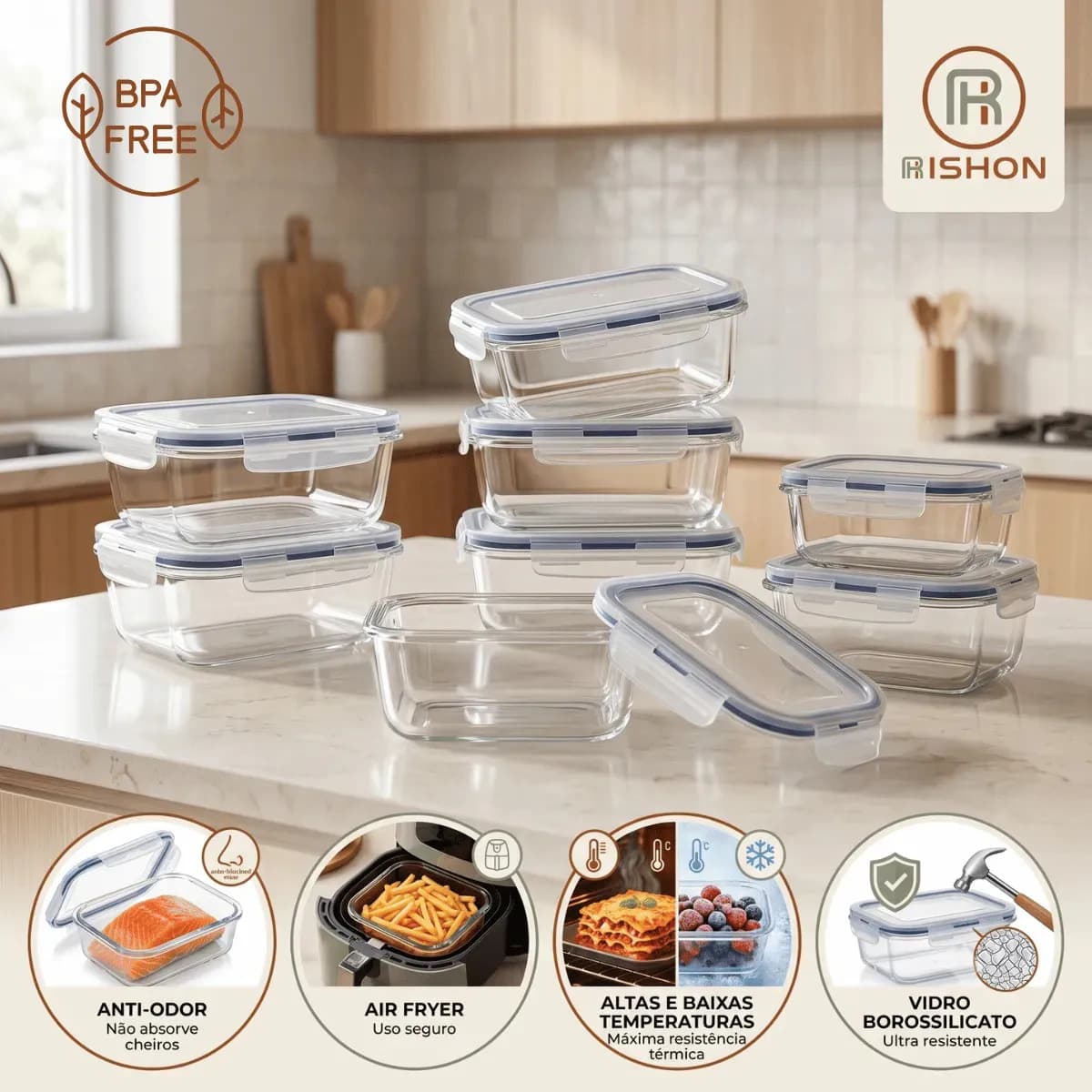 Kit 10 Pote De Vidro Marmita Hermético 640ml Freezer Fitness Rishon — imagem 5