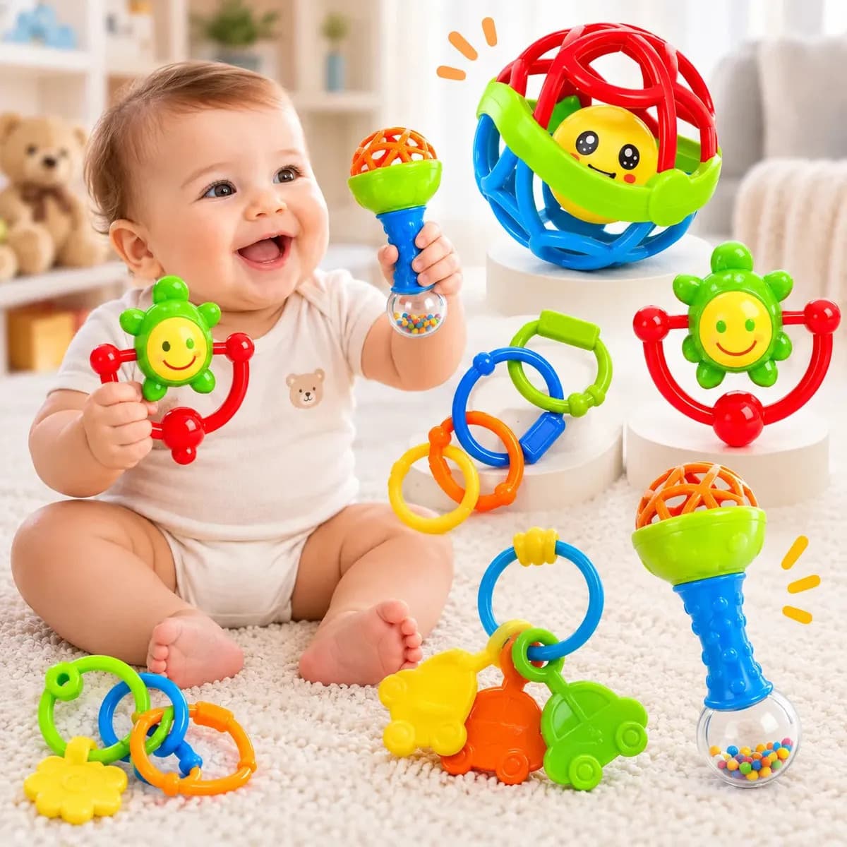 Kit Chocalhos e Mordedores Sensoriais para Bebê com 8 Peças de Silicone e Plástico — imagem 5