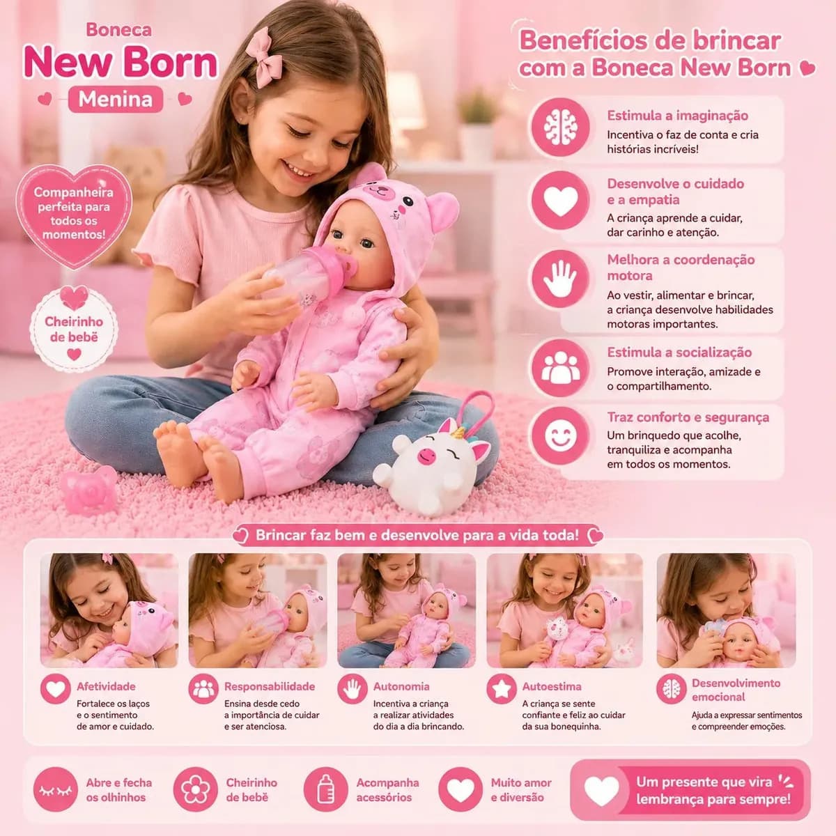 Boneca De Pijama New Born Brincando De Pijama Menina Abre E Fecha O Olho Com Acessórios 40CM — imagem 5