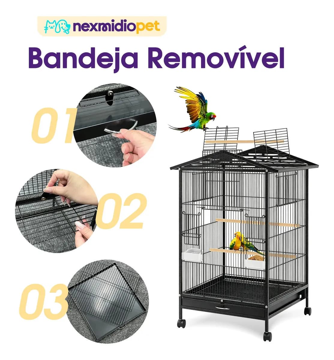 Gaiola viveiro para calopsitas periquito de colar 97x46x46cm Nexmidiopet preto — imagem 3