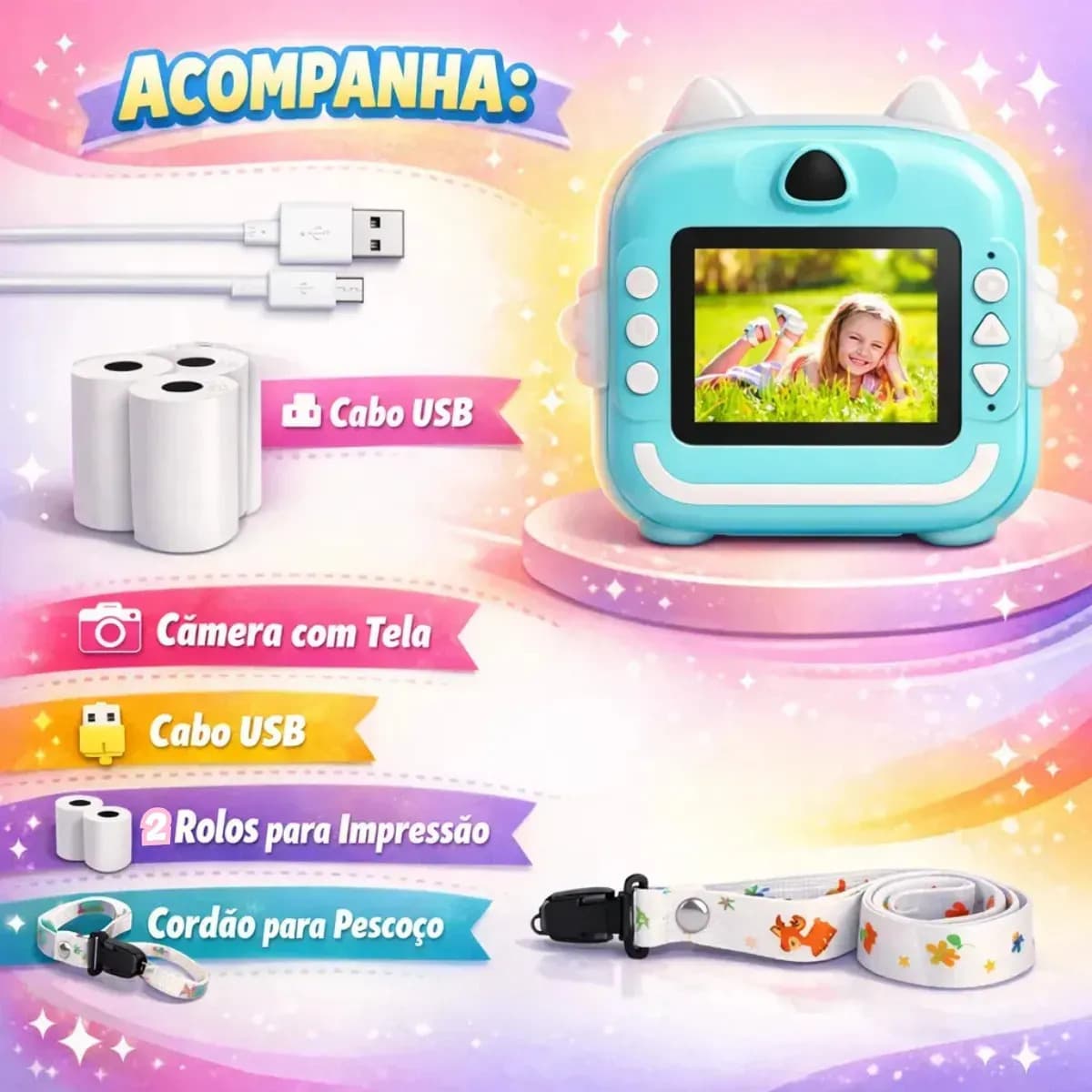 Câmera Digital Infantil Impressão Instantânea Dorama Foto Video Jogos Cor Câmera Polaroid Azul — imagem 2