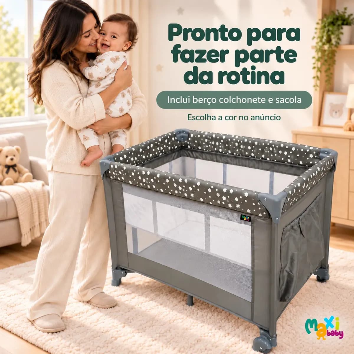 Berço Portátil Infantil Cercado Desmontável Lune Maxi Baby - CINZA — imagem 4