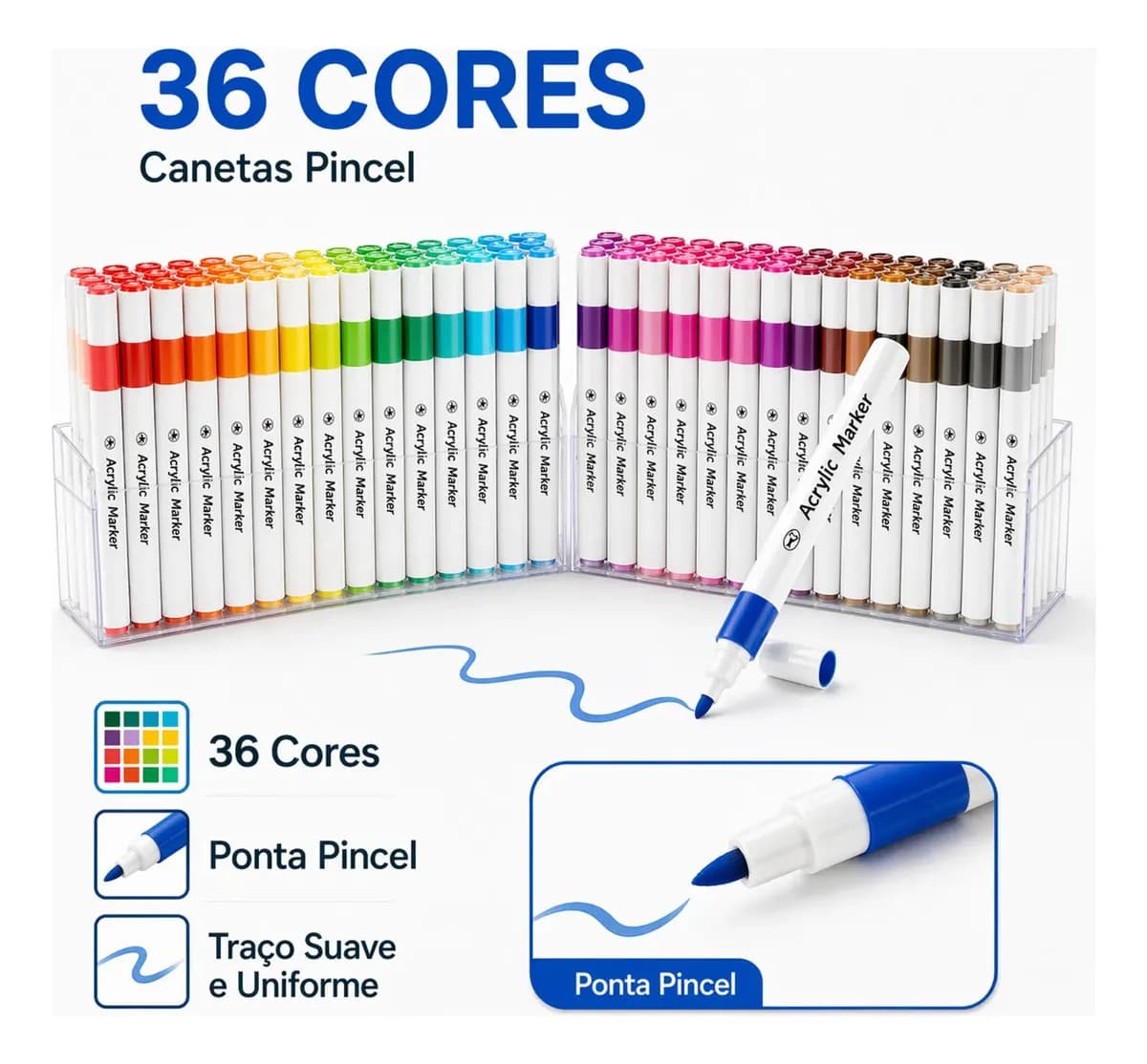 Caneta Marcadora Acrílica 36 Cores Canetinha Ponta Pincel Profissional Para Desenho Pintura Colorir Artesanato Madeira Vidro Plástico Metal Resina Scrapbook Mar