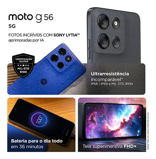 Smartphone Motorola Moto G56 5g - 256gb 8gb Ram+8gb Ram Boost, Camera 50mp Sony Lytia 600 Ultrarresistencia Militar e Ip68 + Ip69 - Cinza — imagem 5