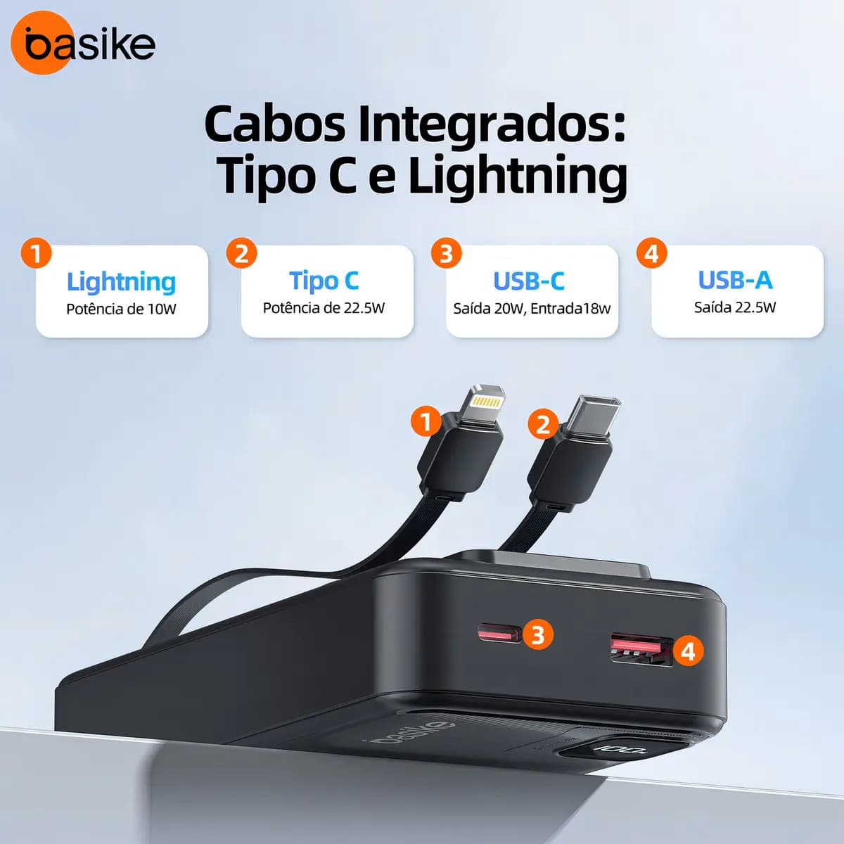 Power Bank Basike 20000mAh Preto, Carga Rápida 22.5W para iPhone e Samsung, Com Cabos Embutidos e Display — imagem 5