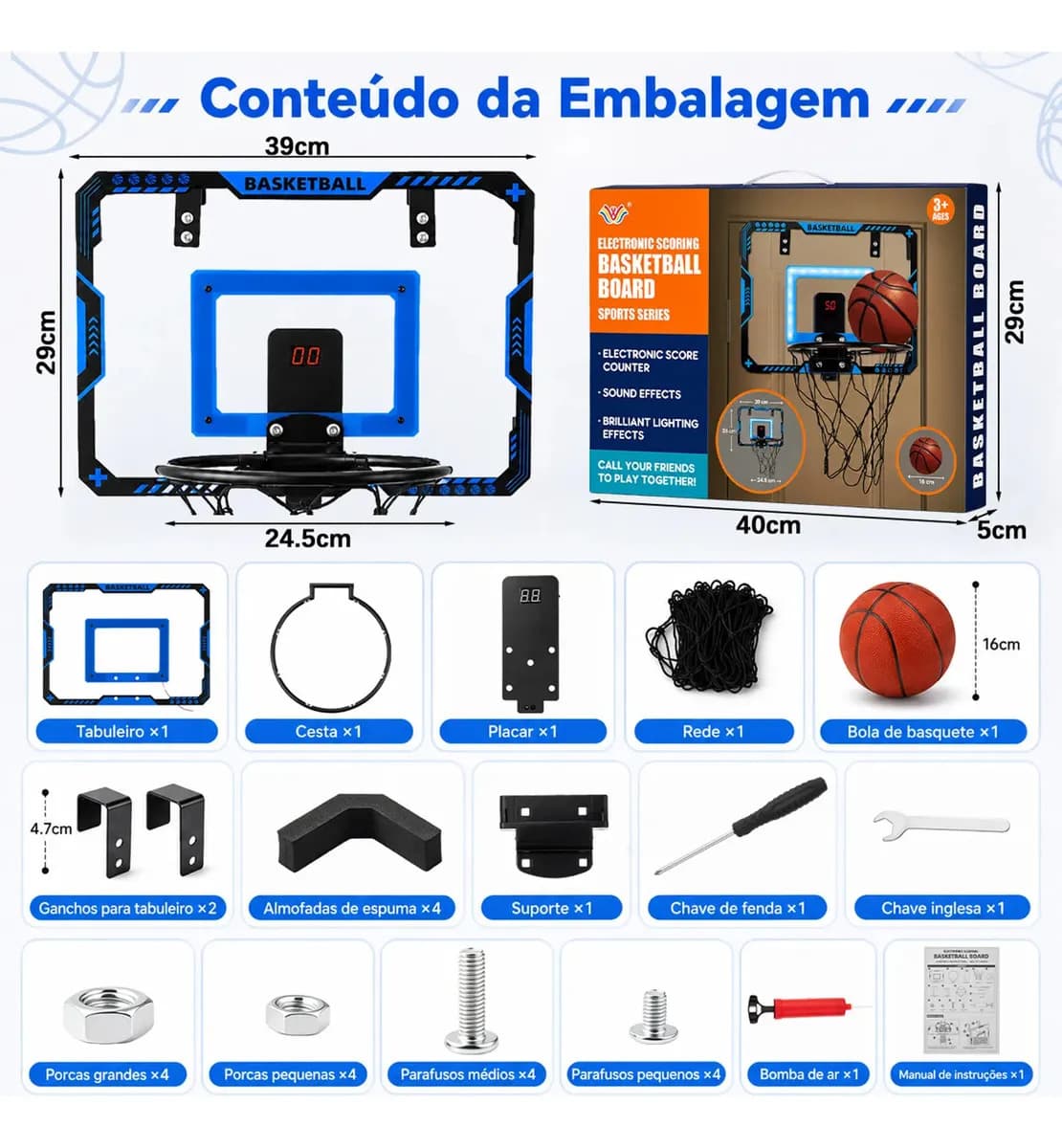Mini Tabela de Basquete Eletrônica MoveBrinca com Placar LED e Kit de Acessórios — imagem 6