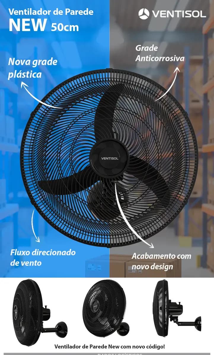 Ventilador De Parede Ventisol New Azul 3 Velocidades Estrutura Preto Diâmetro 50 Cm Material Das Pás Plástico — imagem 4