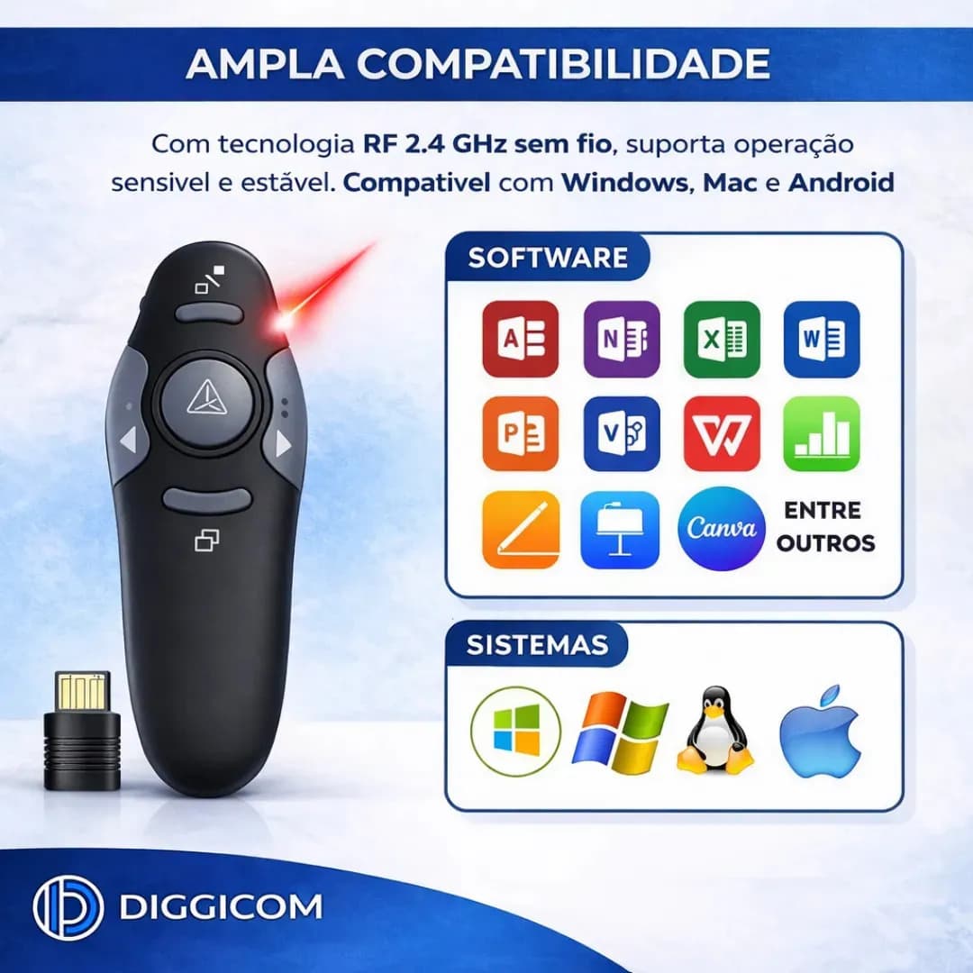 Apresentador Controle Passador Slide Caneta Laser Profissional Sem Fio Preto Mouse Multimidia Wireless Usb Para Palestras Aulas Reuniões Apresentações Usb - Dig — imagem 6
