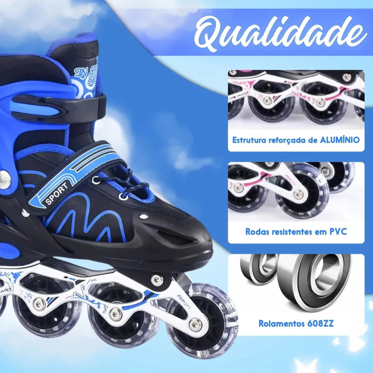 Patins Infantil Ajustável 4 Rodas Inline Roller Kit Proteção Azul- (m) — imagem 4