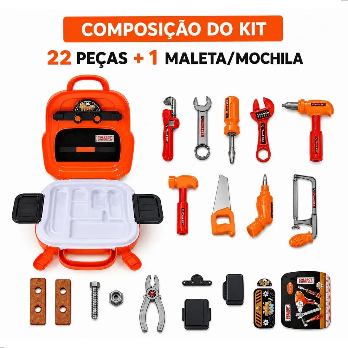 Kit Ferramentas Infantil 3 em 1 Pratitudo Toys com 22 Peças – Vira Mochila e Bancada — imagem 6