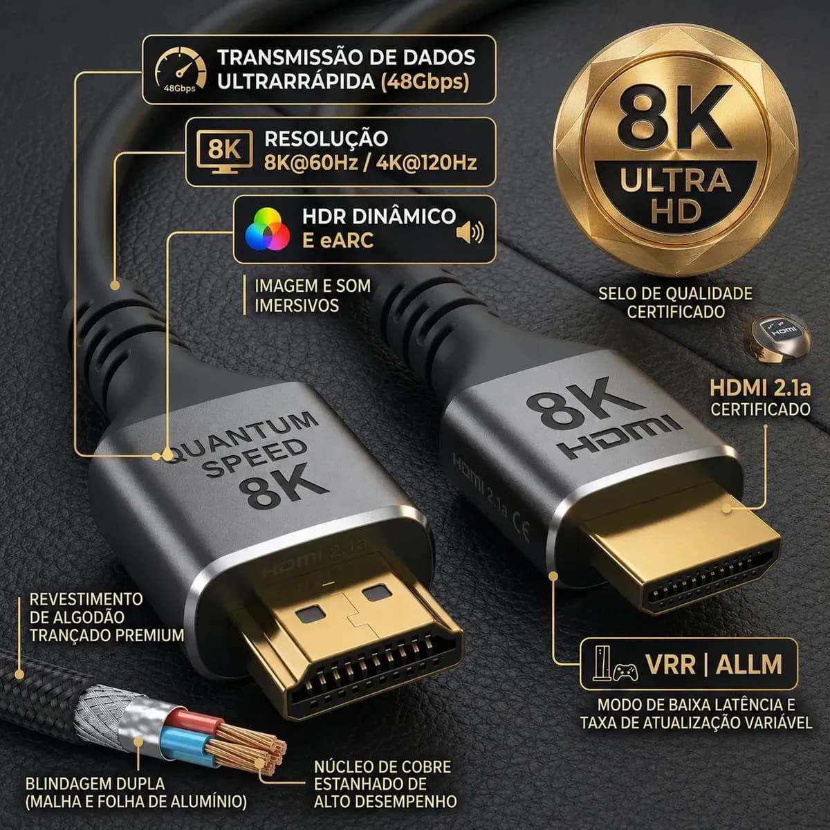 Cabo Hdmi 2.1 8k Gold Ultra Hd Compatível Com Ps5 Xbox Series X/s 3 Metros Ezsias Armarinhos — imagem 4