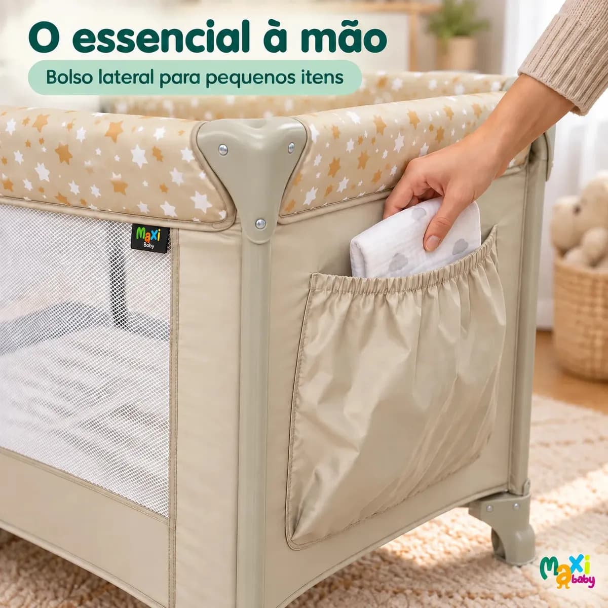 Berço Portátil Infantil Cercado Desmontável Lune Maxi Baby - BEGE — imagem 6
