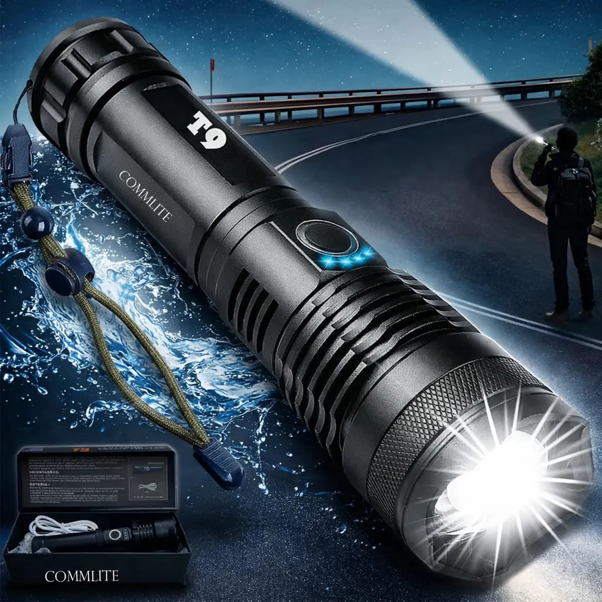 Lanterna Tática T9 Mais Forte Do Mundo Led Recarregável - Potente Profissional Militar Zoom Acampamento Pesca Caça Sobrevivência Emergência Policial Segurança P