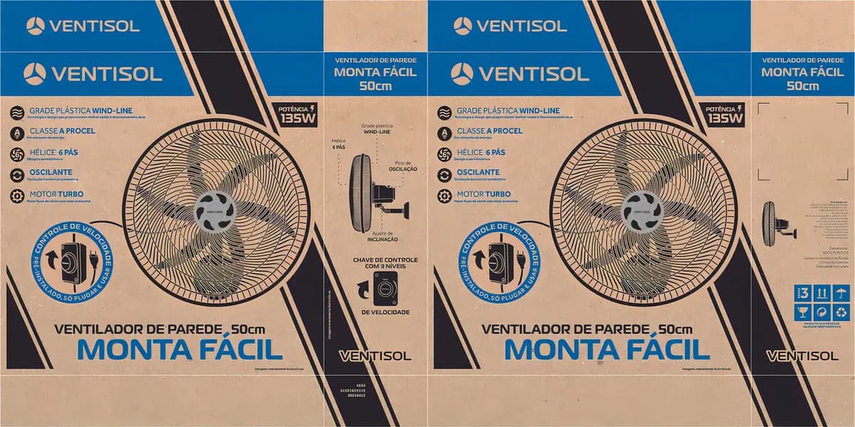 Ventilador Parede 50cm 6Pás Monta Fácil Preto Ventisol — imagem 4