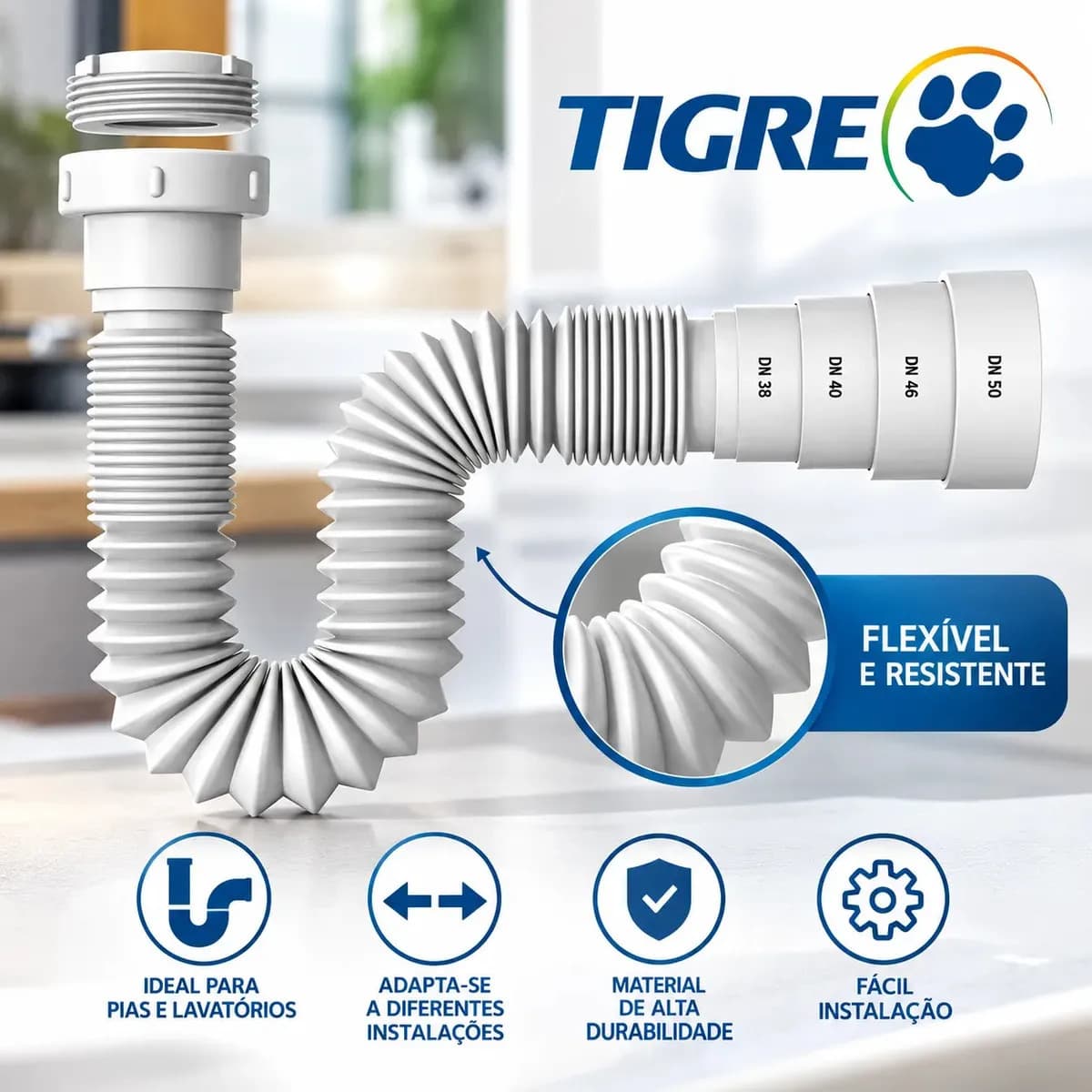 Sifão Sanfonado Tubo Flexível Tigre Universal Multiuso Para Pias Lavatórios Cubas — imagem 4