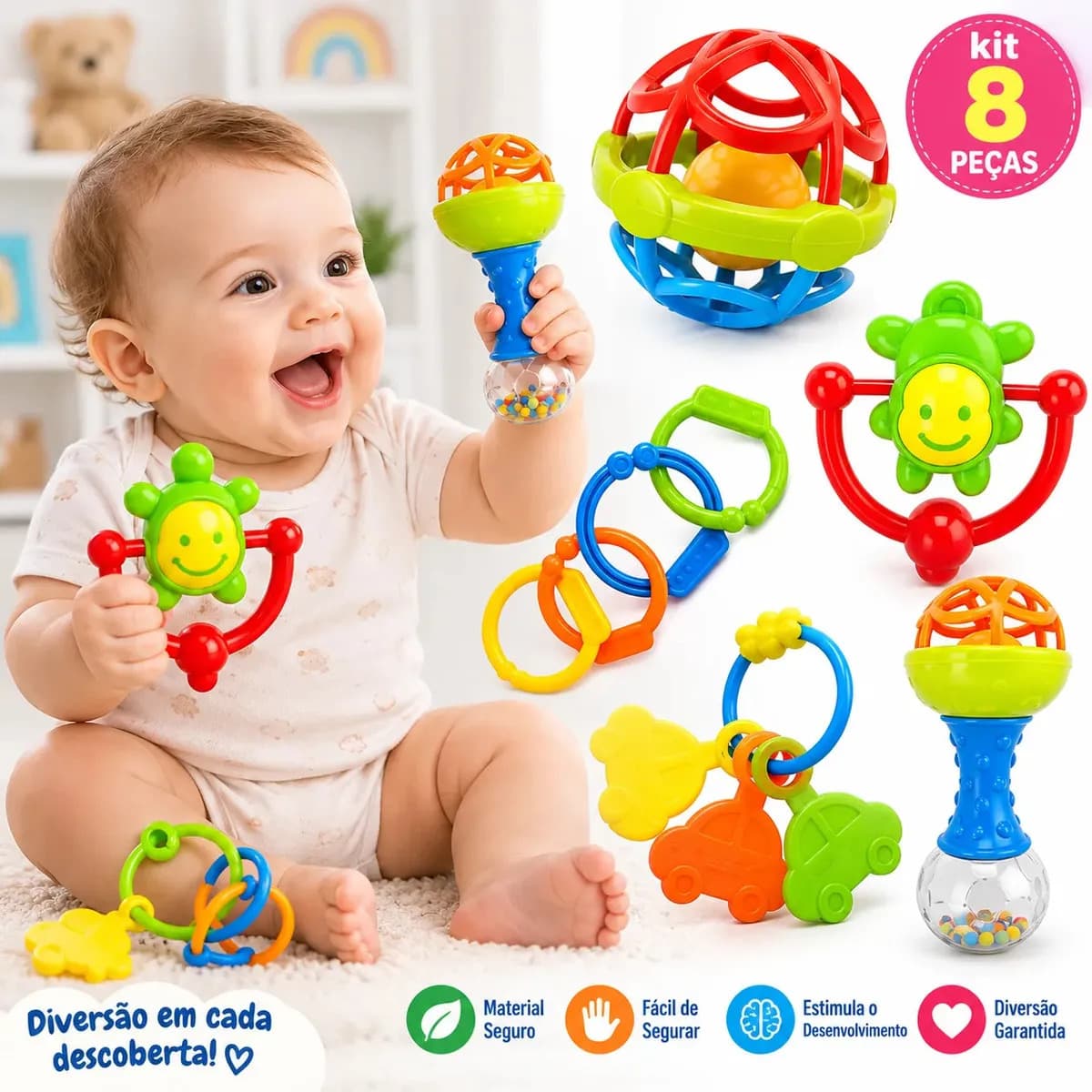 Kit Chocalhos e Mordedores Sensoriais para Bebê com 8 Peças de Silicone e Plástico — imagem 2