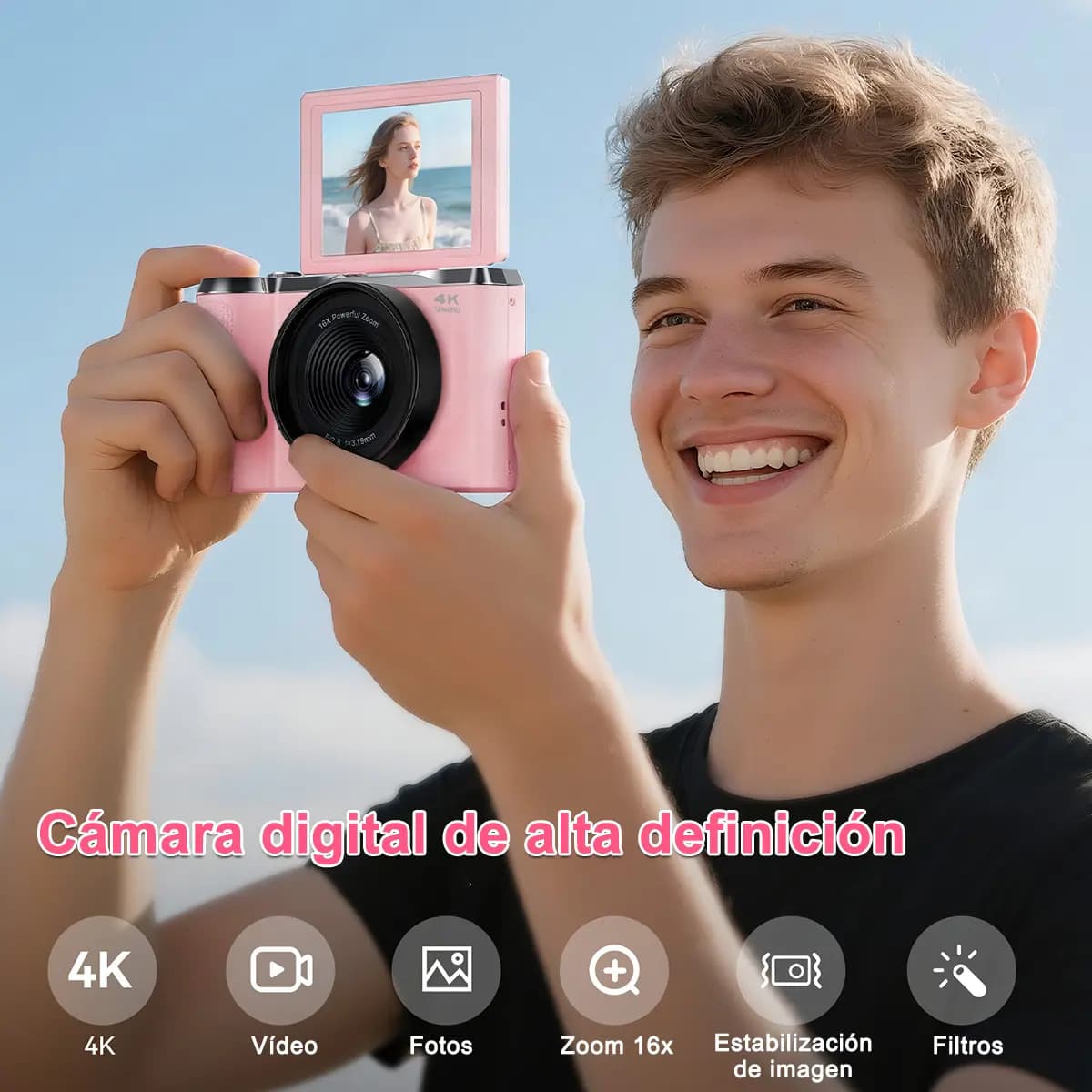 Câmera Fotografica Digital 4k 56mp Com Tela Ips De 180°+32gb Cor Rosa — imagem 2