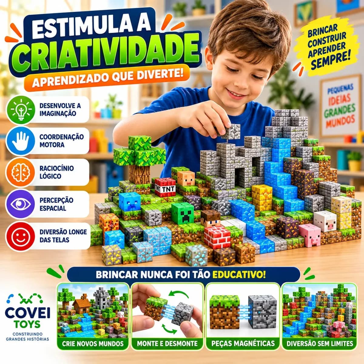 Kit 148 Blocos Imã Magnéticos Construção Montar Empilhamento Cubo Infantil Brinquedo Educativo Covei Toys — imagem 3