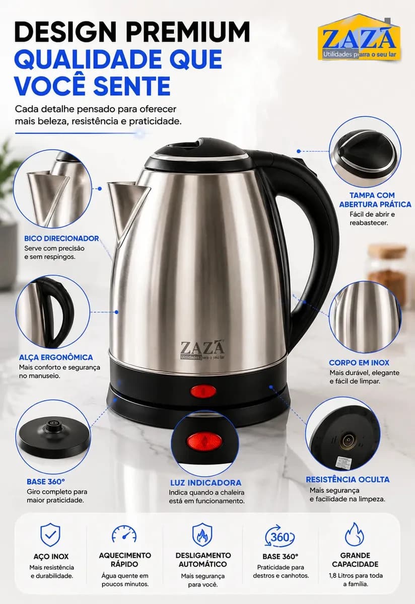 Chaleira Jarra Elétrica 1,8L Litros Em Inox Desligamento Automático Aquecimento Rápido Segura Café Chá Fácil Abertura Tampa Alça Ergométrica — imagem 3