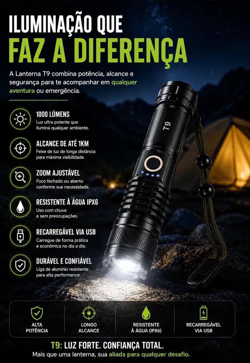 Lanterna Tática T9 Mais Forte Do Mundo Led Recarregável - Potente Profissional Militar Zoom Acampamento Pesca Caça Sobrevivência Emergência Policial Segurança P — imagem 6