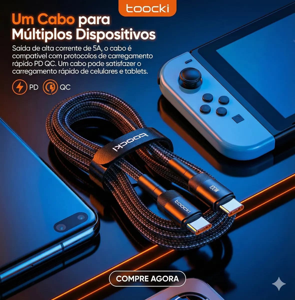 Cabo Toocki USB-C para USB-C 100W 3 Metros PD 3.0 Carregamento Rápido — imagem 4