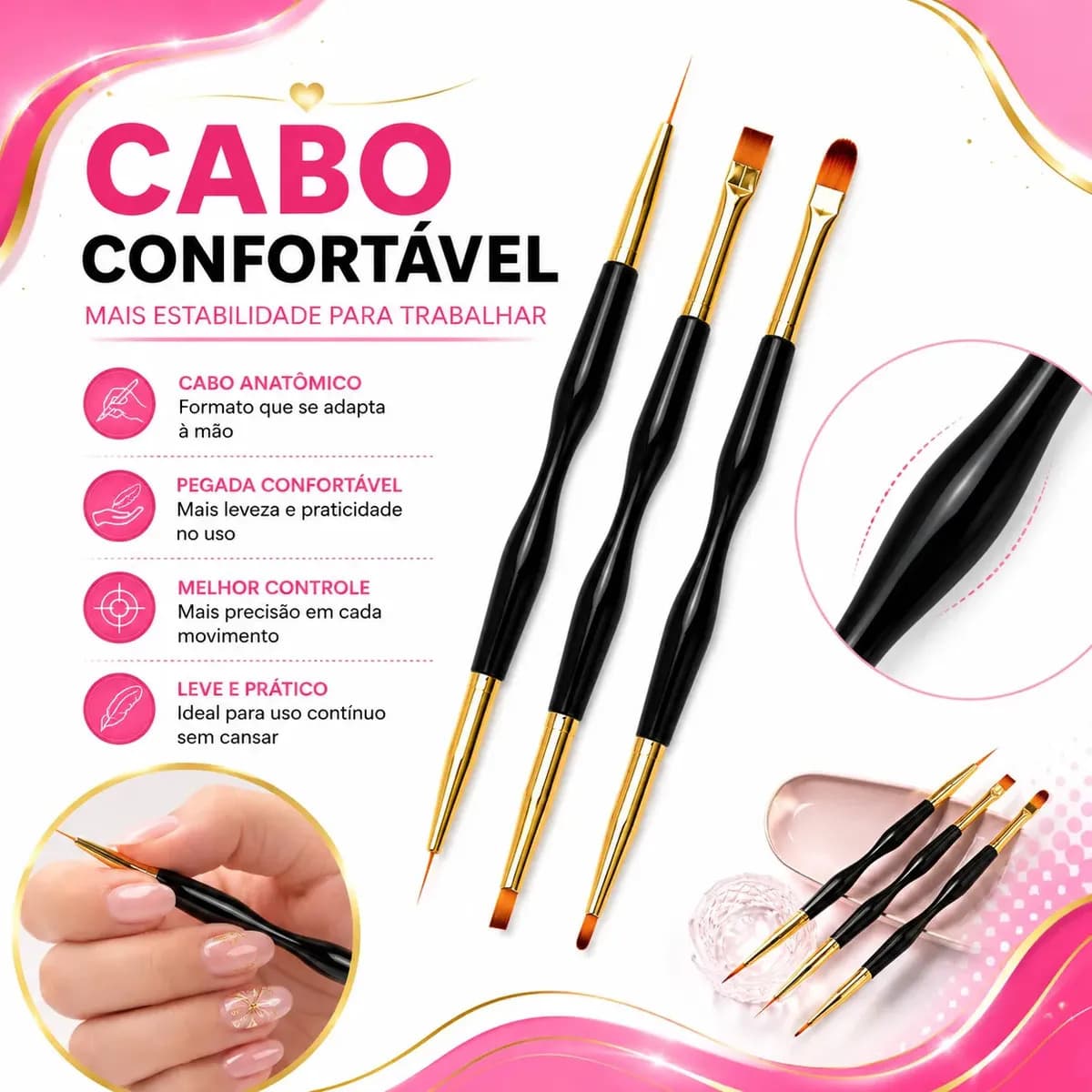Kit 3 Pincéis 2 Pontas Unhas Gel Acrigel Decoração Nail Art Manicure Acabamento Profissional Ponta Dupla Boa Dica — imagem 3