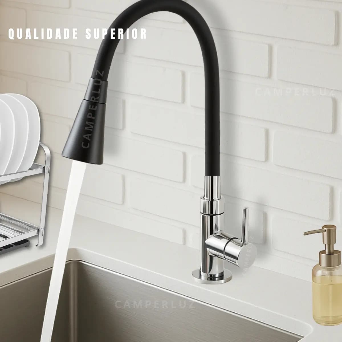 Torneira Gourmet Luxo Flexível Cozinha Bancada 2 Jatos Pia Cor Preto - Marca Camperluz — imagem 2