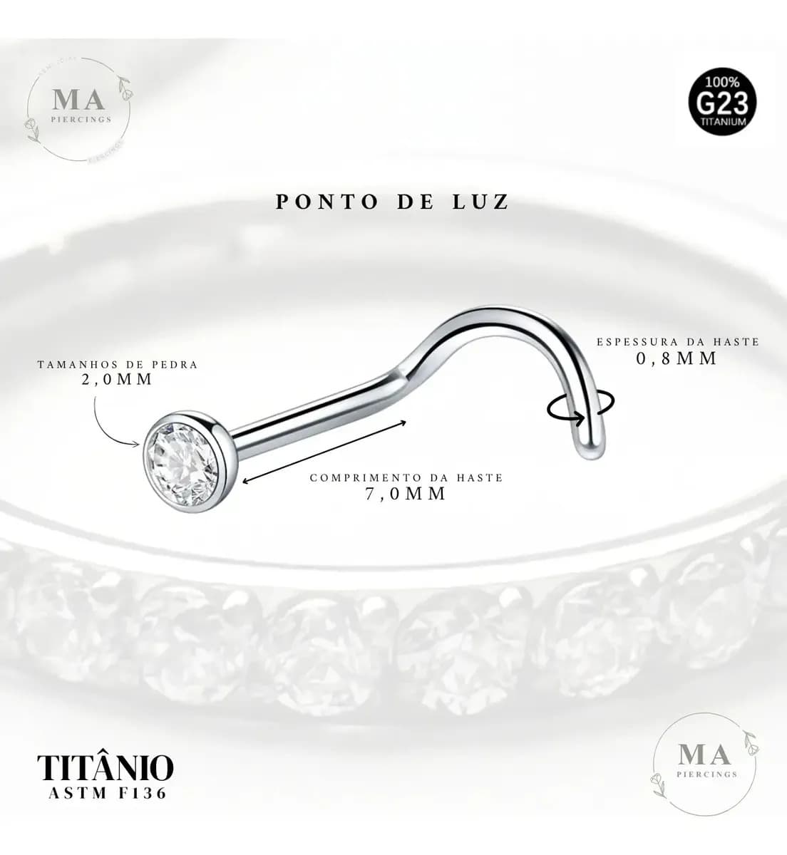 Piercing Titânio Nariz Nostril Ponto De Luz Pedra Brilho Cor 2.0mm PRATEADO — imagem 3