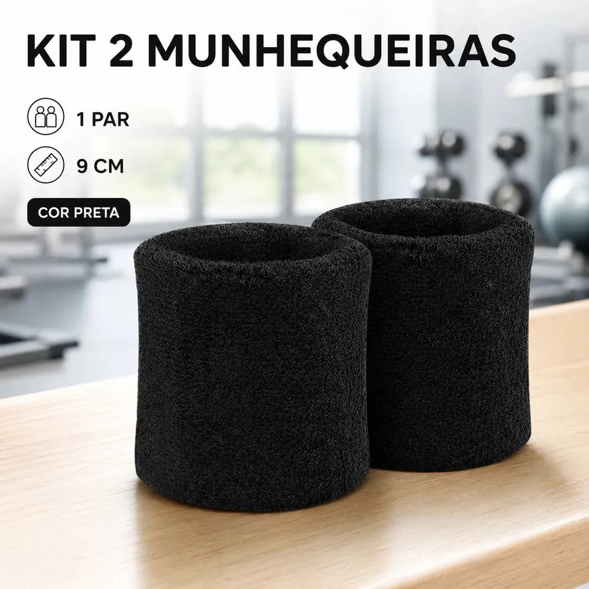 Par Munhequeira Atoalhada Pulso Tênis Squash Corrida Fitness Cor Preto Tamanho Único