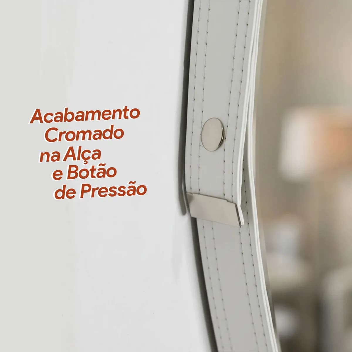 Espelho Redondo 60cm Adnet Alça de Couro Branco Dupla Costura e Suporte em Alumínio Quarto, Banheiro, Sala MF901 — imagem 3