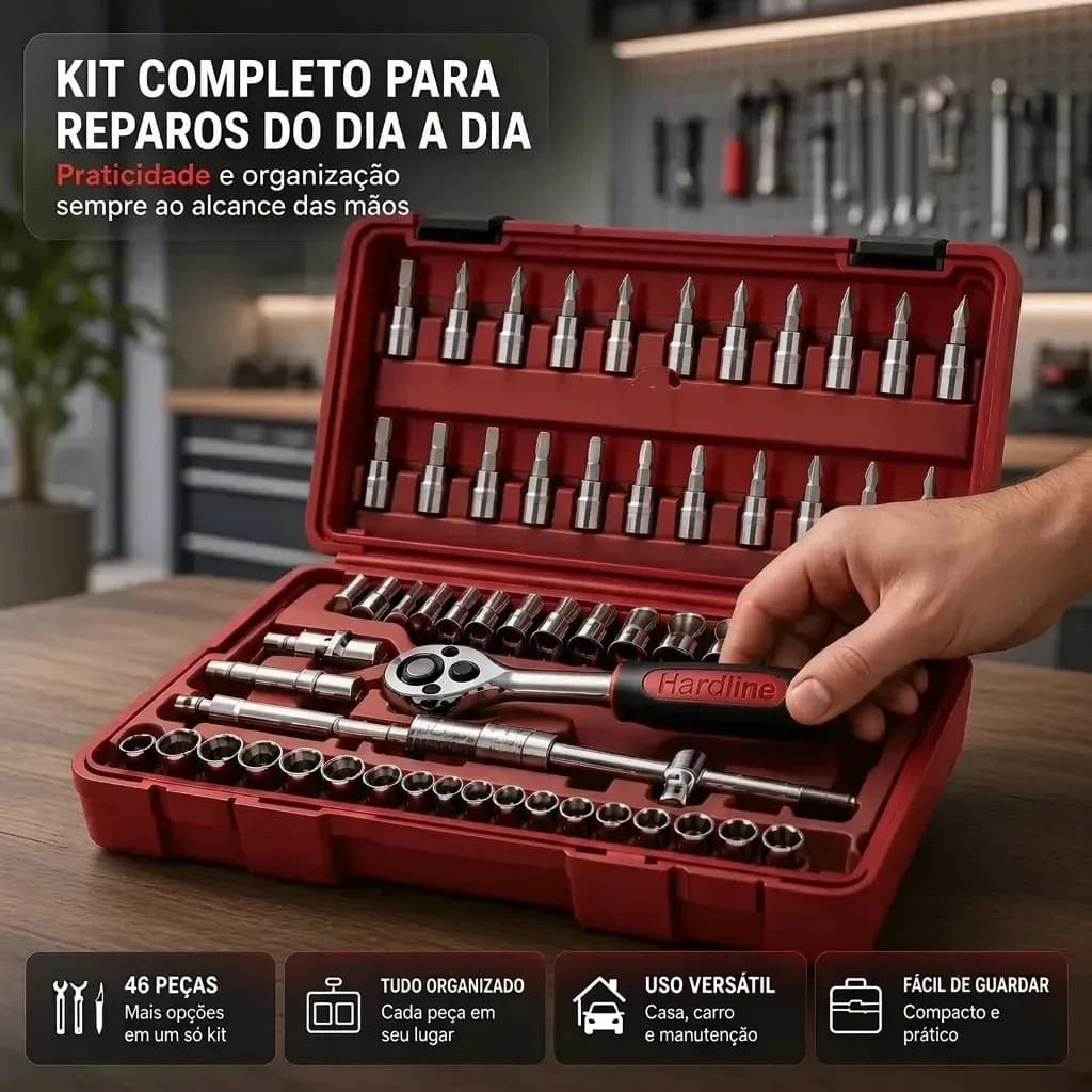 Kit Ferramentas 46 Peças Com Soquetes e Chaves Para Carro e Casa Hardline Vermelho — imagem 2
