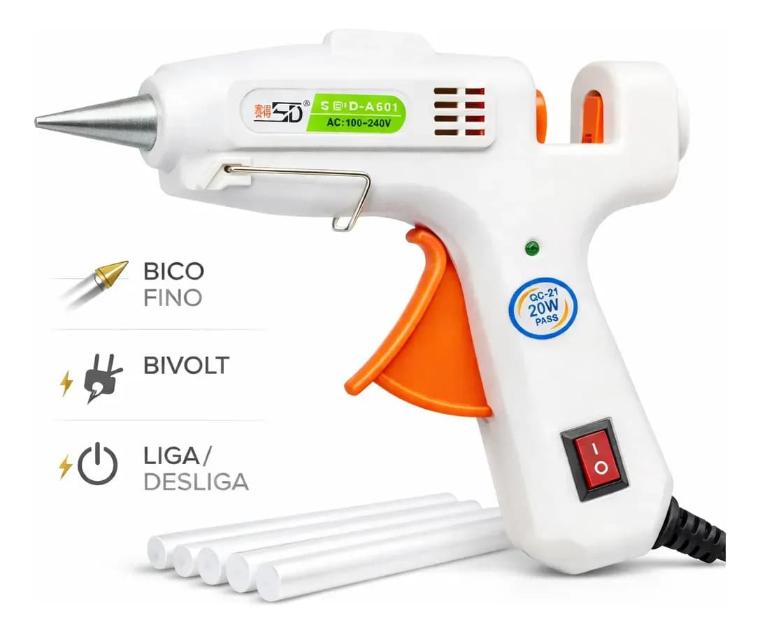 Pistola de Cola Quente 20W Bico Fino Bivolt com 5 Bastões 7mm Niadri Imports