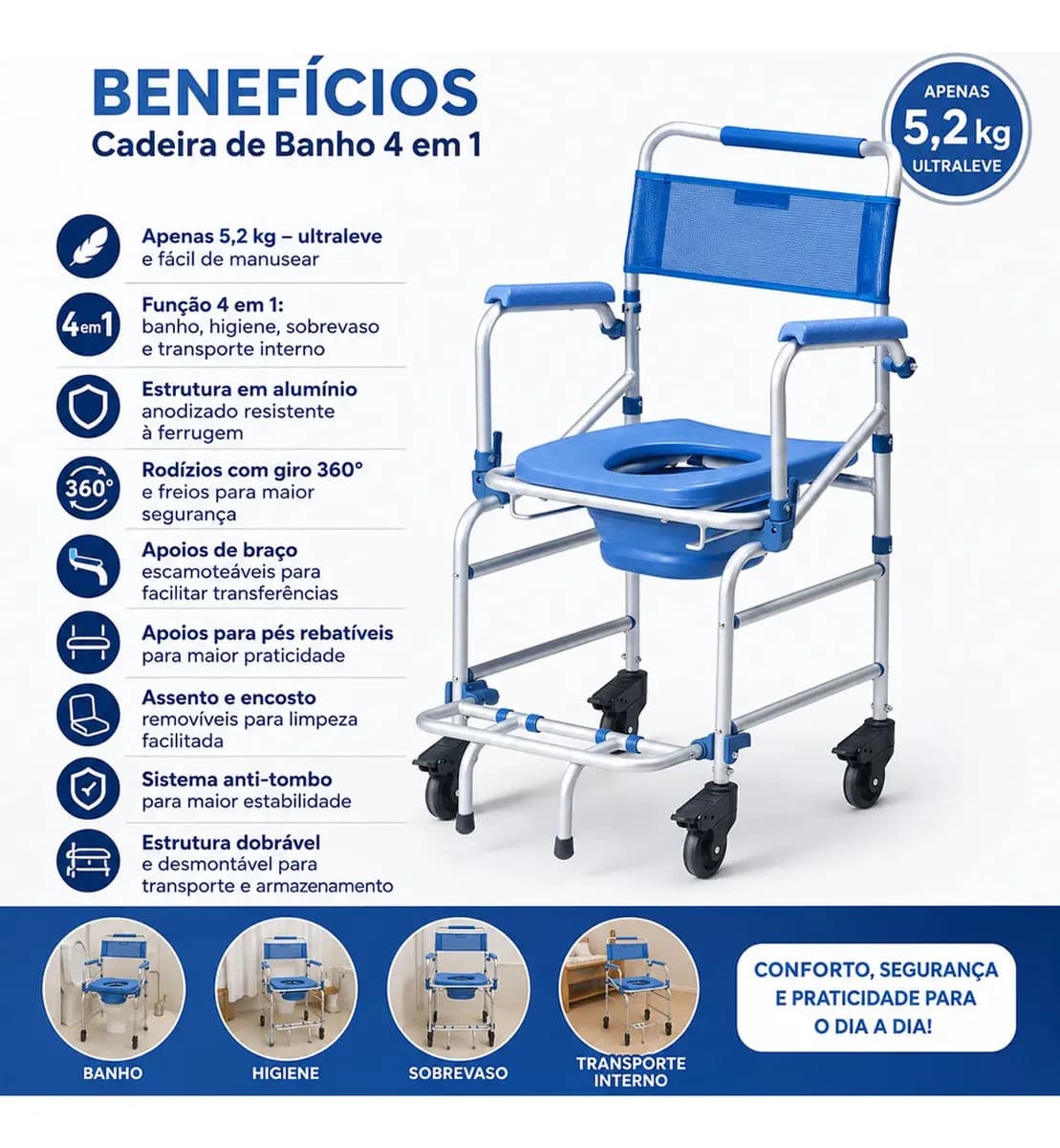 Cadeira De Banho Alumínio Dellamed Dobrável Até 135kg D55 — imagem 2