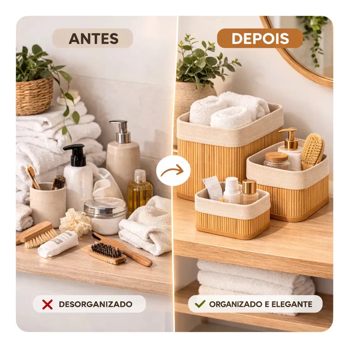 Kit 3 Cestos Organizadores de Bambu Retangulares com Forro Lavável Multiuso Organizar Casa Banheiro Cozinha Guarda-Roupa Lavanderia Armazenamento de Objetos - N — imagem 2