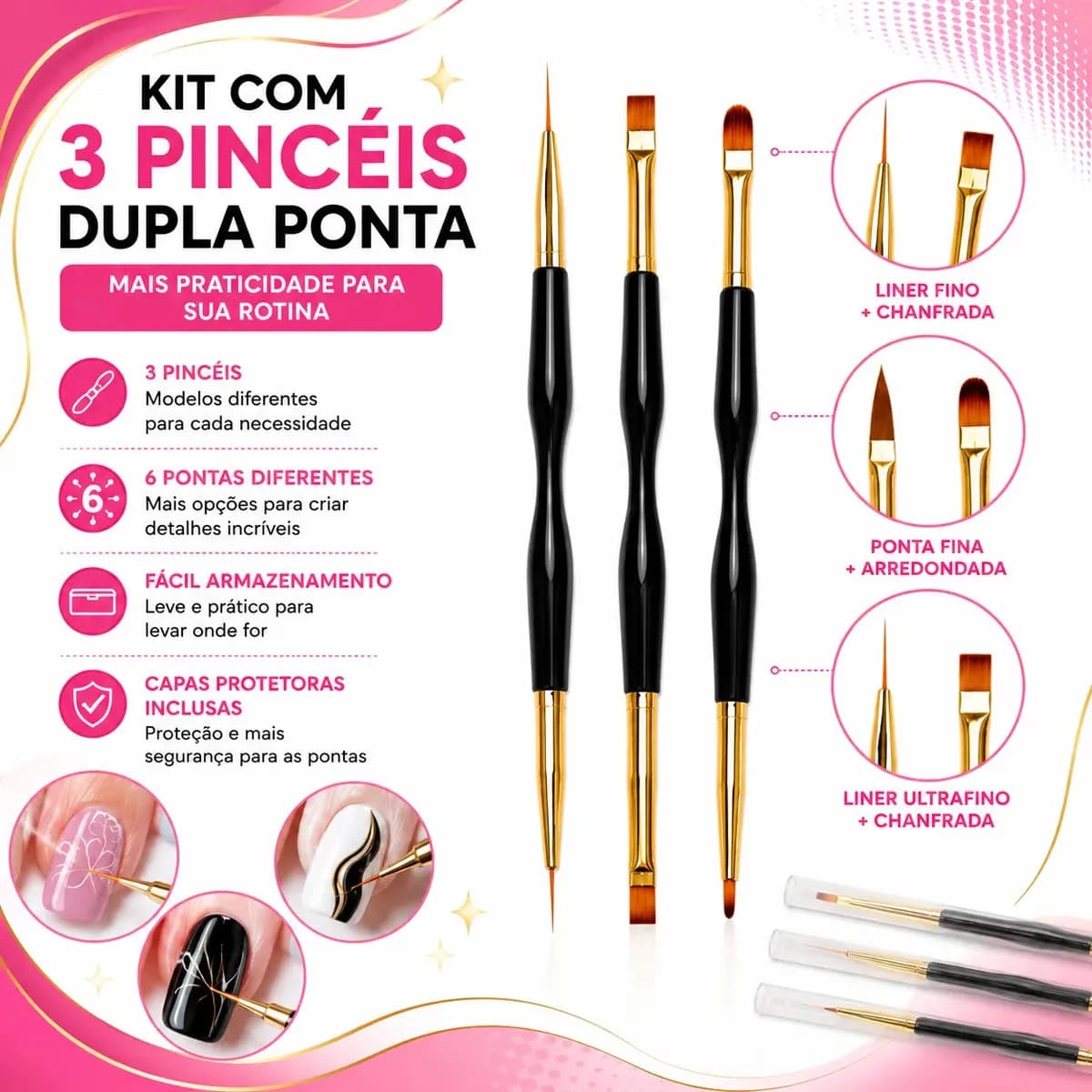 Kit 3 Pincéis 2 Pontas Unhas Gel Acrigel Decoração Nail Art Manicure Acabamento Profissional Ponta Dupla Boa Dica — imagem 2
