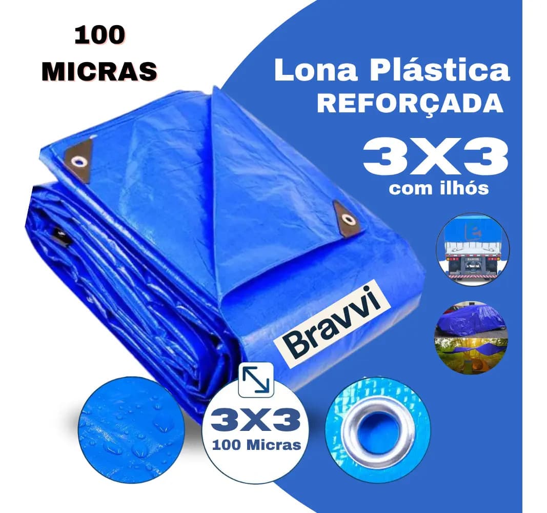 Lona 3x3 Mts Plástica Impermeável Azul Carreteiro Telhados Piscina Multi Uso 75g/m Bravvi — imagem 2