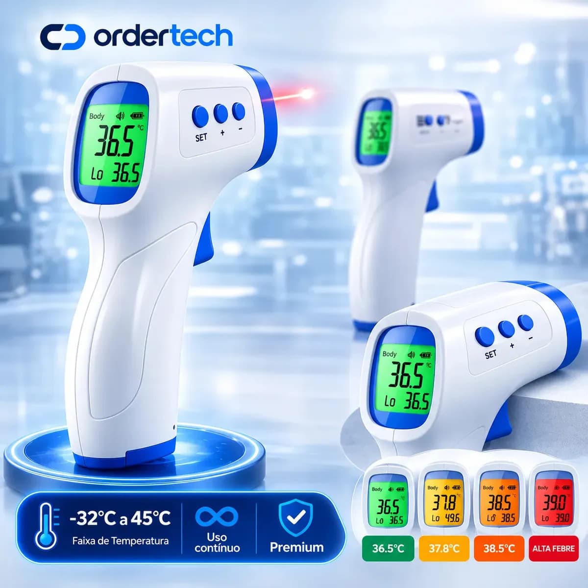 Termômetro Infravermelho Sem Contato Digital Medição Rápida Alta Precisão Display Lcd Memória Alarme Sensor Ordertech