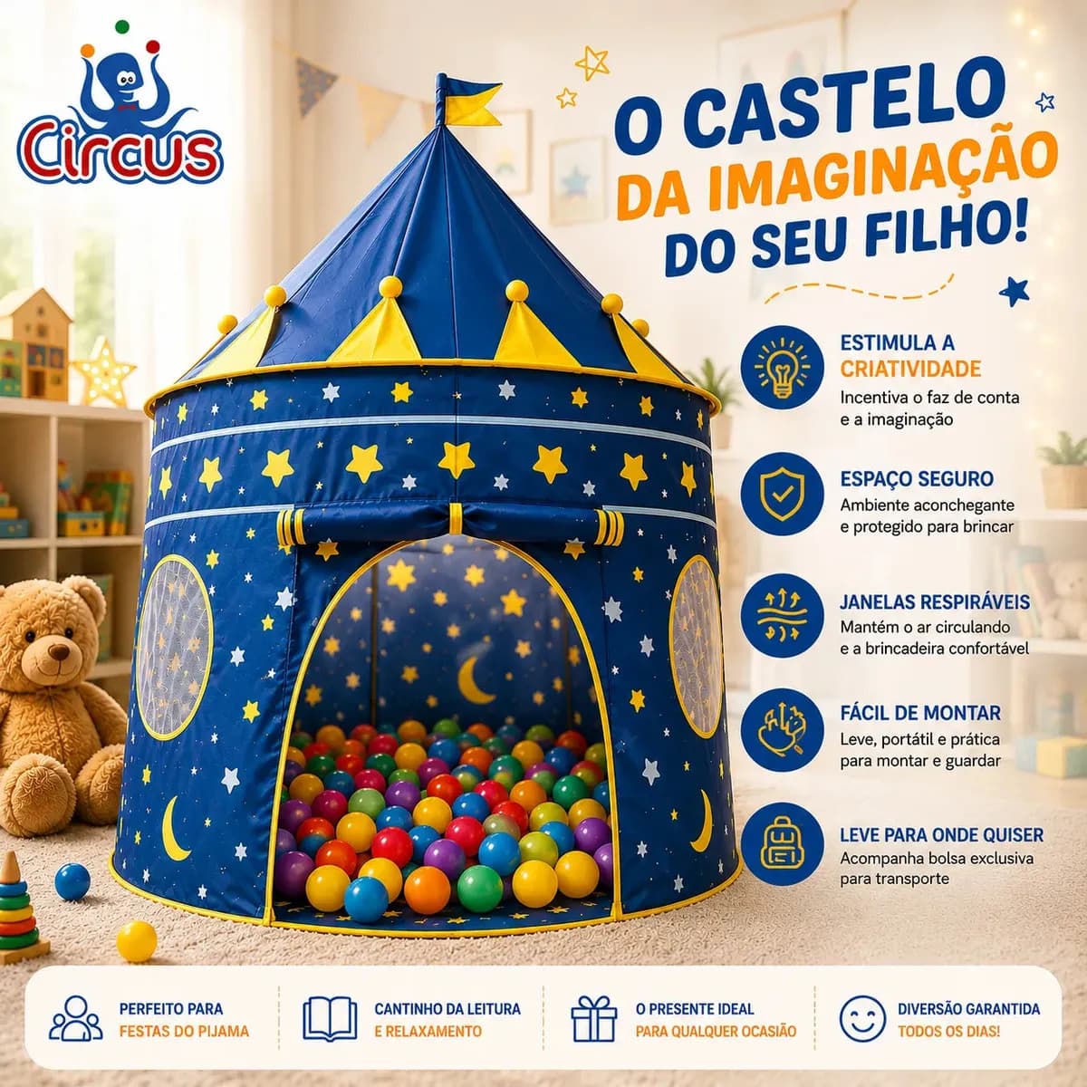 Barraca Infantil Cabana Tenda Festa Do Pijama Menino Criança Bebê Iglu Portátil Circus Azul — imagem 2