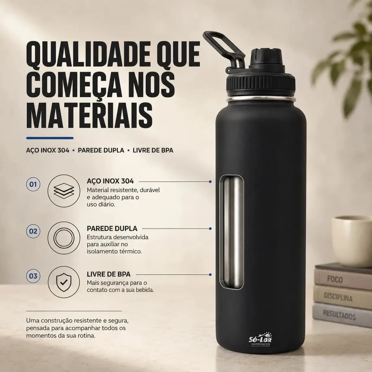 1000ml Garrafa Térmica Isolada A Vácuo Squeeze Aço Inox 304 para Água Gelada Esporte Academia com Alça e Bico Preto Sólar — imagem 6