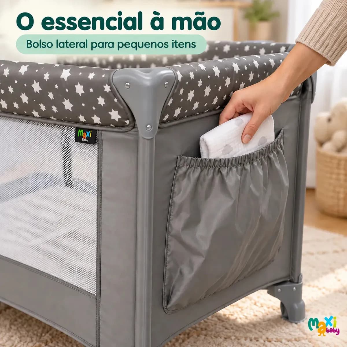 Berço Portátil Infantil Cercado Desmontável Lune Maxi Baby - CINZA — imagem 5