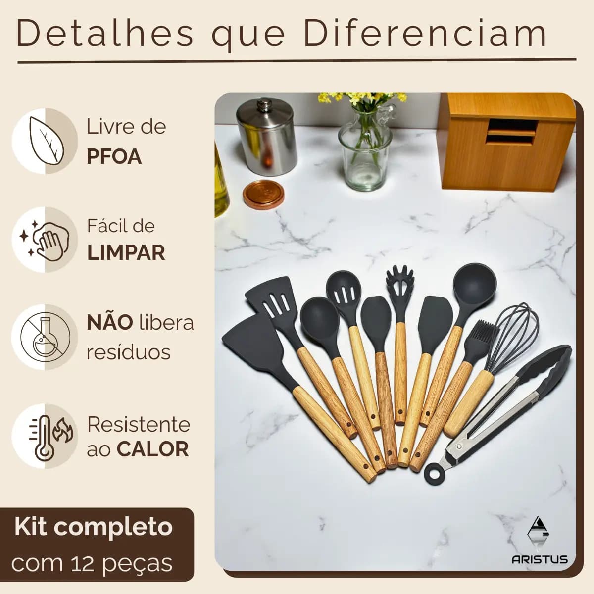 Kit 12 Utensílios De Silicone Com Cabo De Madeira - Marca Aristus Com Alta Resistência, Durável E Com Design Moderno, Perfeito Para Sua Cozinha Cor Cinza — imagem 6