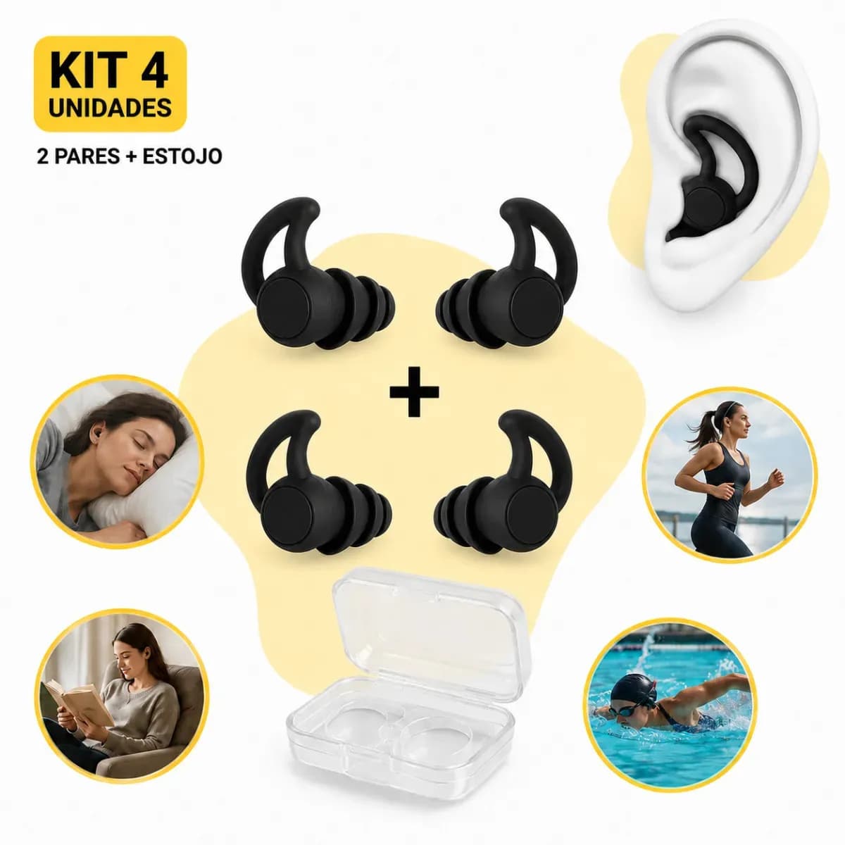 Kit 2 Pares Protetor Auricular Protetor de Ouvido Tampão Silicone Para Dormir Natação Ronco Estudar Trabalhar Viajar Lavável Reutilizável com Estojo BRY Macio A